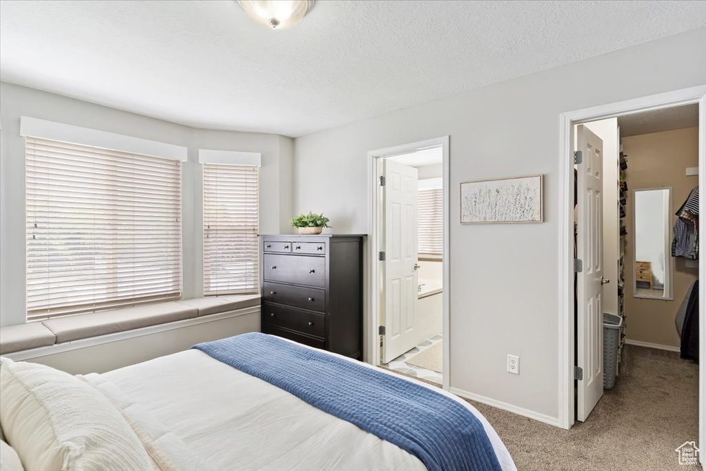 Carpeted bedroom featuring connected bathroom, a textured ceiling, baseboards, and a walk in closet