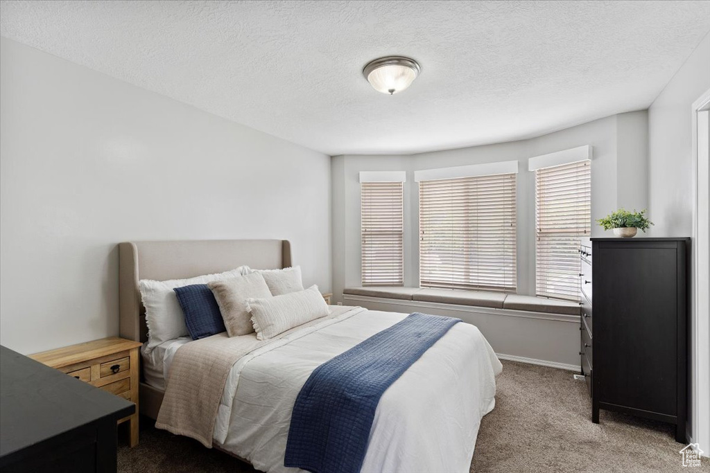 Bedroom featuring baseboards, a textured ceiling, and carpet