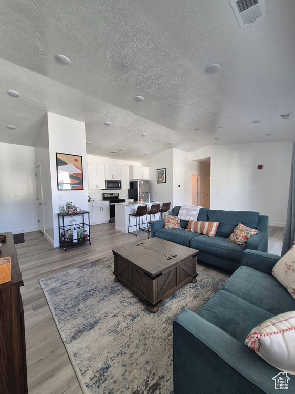 Living room featuring light wood-style floors, baseboards, a textured ceiling, and visible vents
