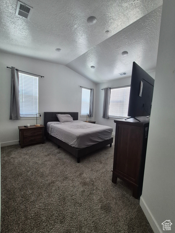 Carpeted bedroom with baseboards, a textured ceiling, and lofted ceiling