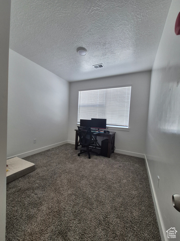 Office area featuring visible vents, a textured ceiling, carpet floors, and baseboards