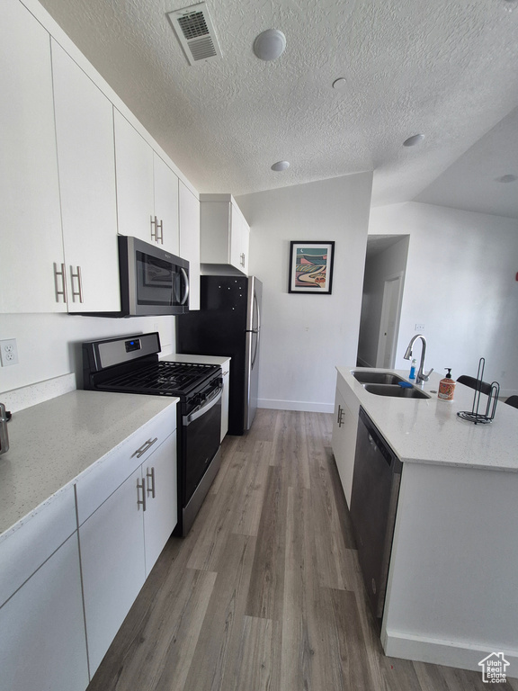 Kitchen featuring visible vents, a sink, appliances with stainless steel finishes, and wood finished floors