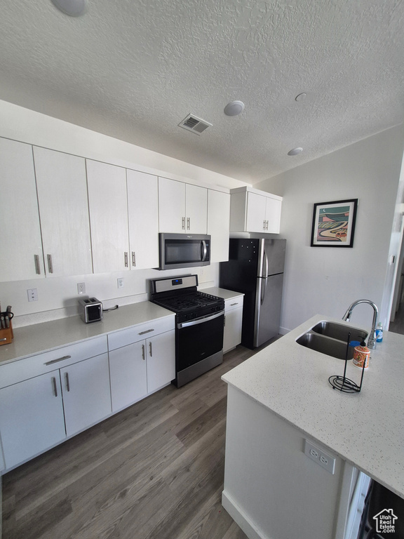 Kitchen with a sink, dark wood finished floors, stainless steel appliances, white cabinetry, and visible vents
