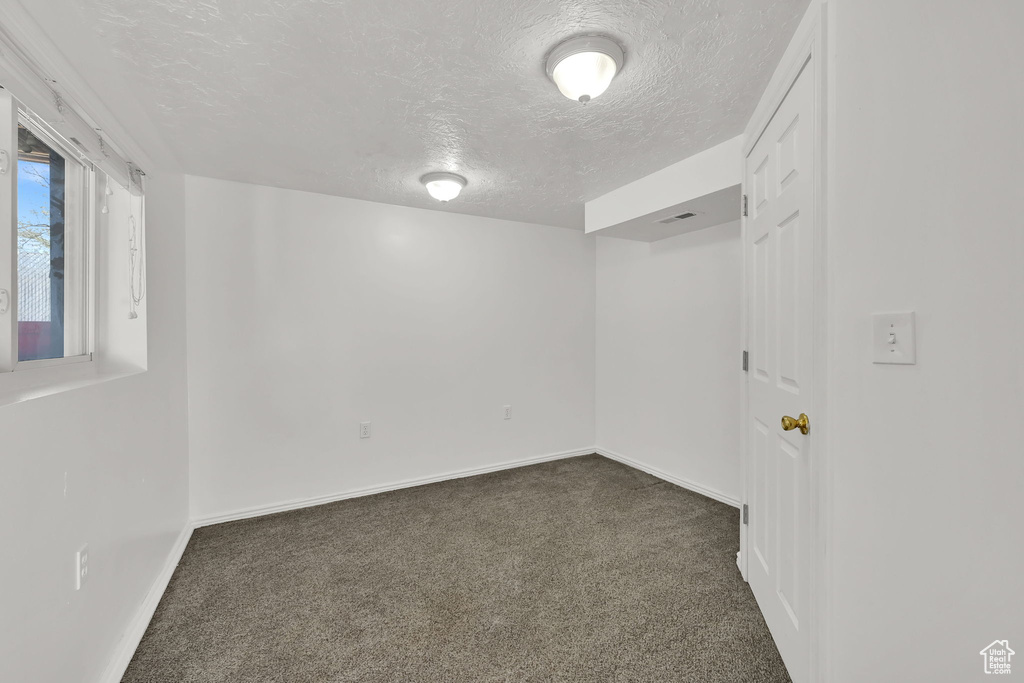 Basement with baseboards, carpet, and a textured ceiling