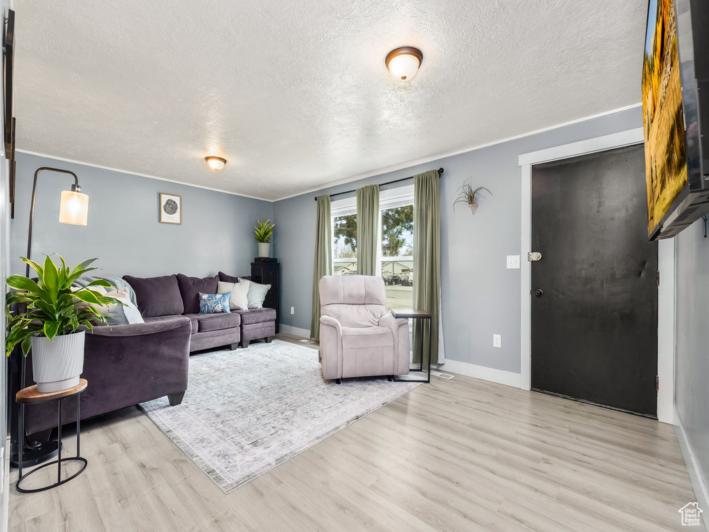 Living area with baseboards, light wood-style flooring, and a textured ceiling