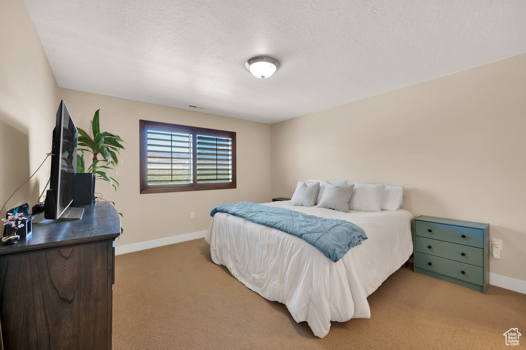 Bedroom featuring baseboards, a textured ceiling, visible vents, and light colored carpet