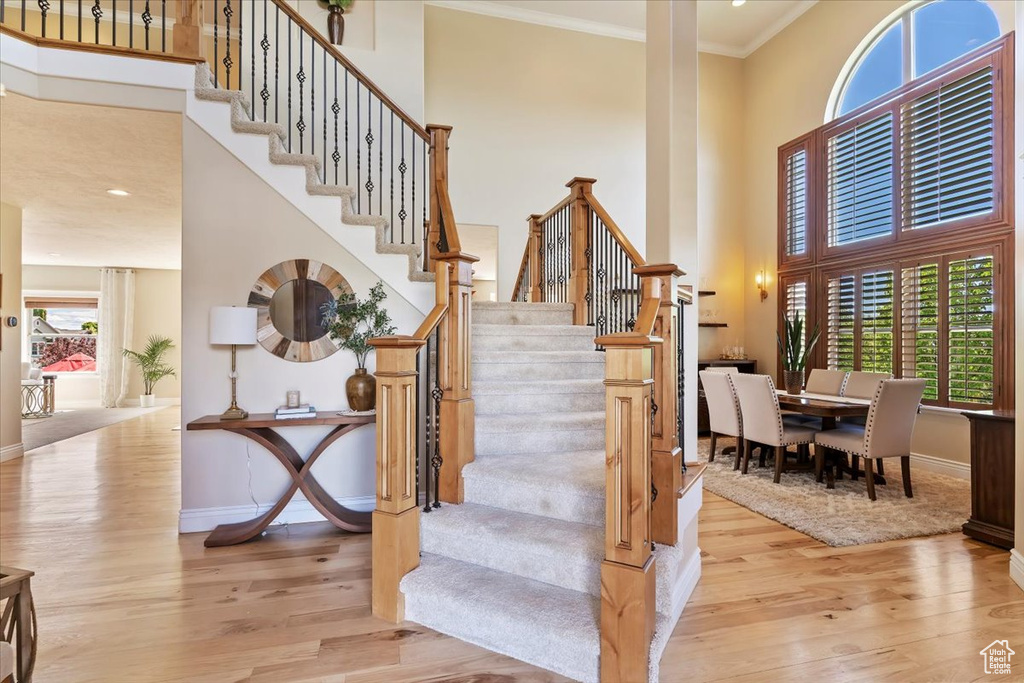 Staircase featuring crown molding, baseboards, wood finished floors, and a towering ceiling
