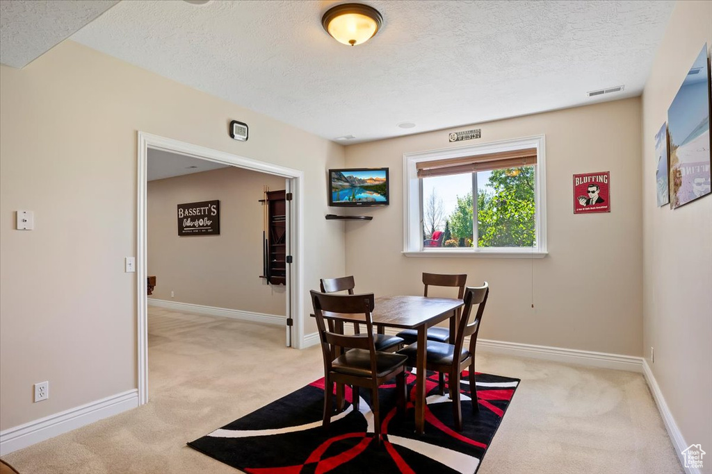 Dining area featuring baseboards, light carpet, a textured ceiling, and visible vents