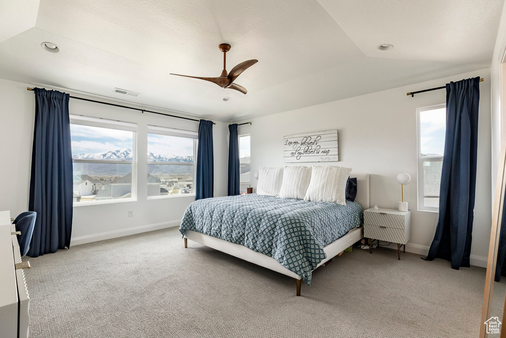 Bedroom with visible vents, multiple windows, and carpet