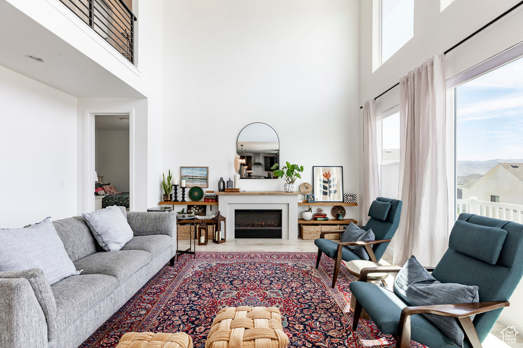Living room with a high ceiling, a fireplace, and wood finished floors