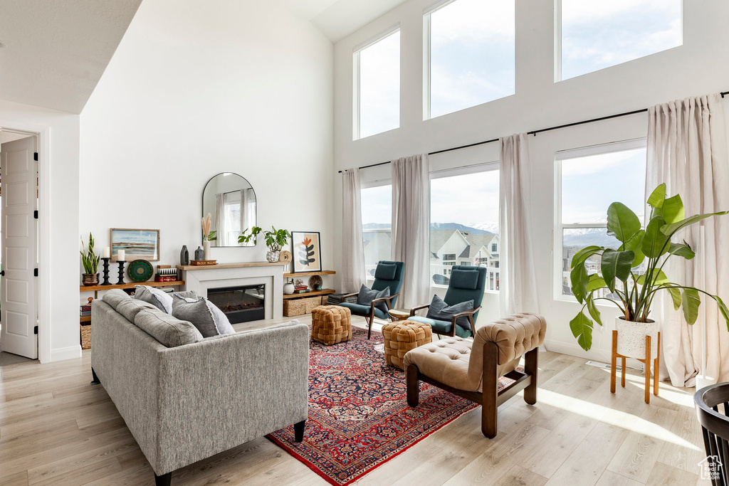 Living room with light wood-type flooring, baseboards, and high vaulted ceiling