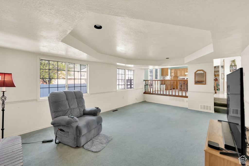 Sitting room with a textured ceiling, visible vents, a raised ceiling, baseboards, and carpet