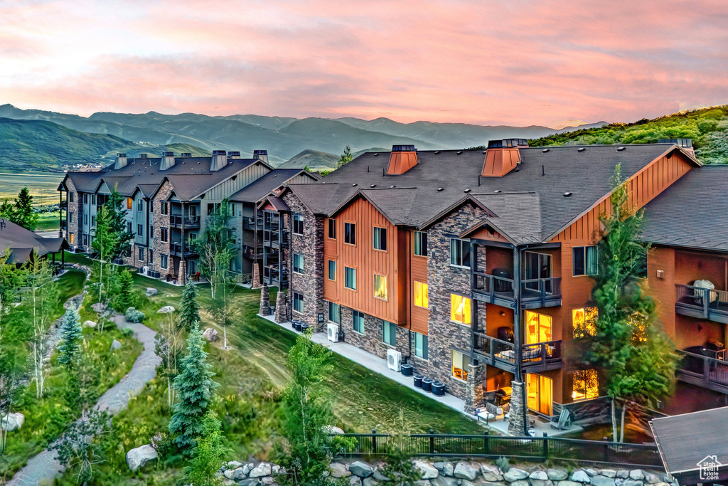 Aerial view at dusk of a mountain view
