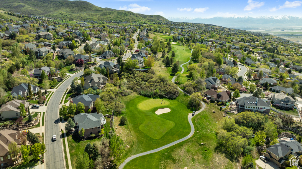 Bird\'s eye view featuring a residential view, a mountain view, and view of golf course