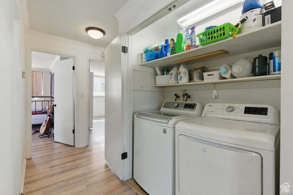 Clothes washing area featuring crown molding, separate washer and dryer, laundry area, and light wood-style flooring