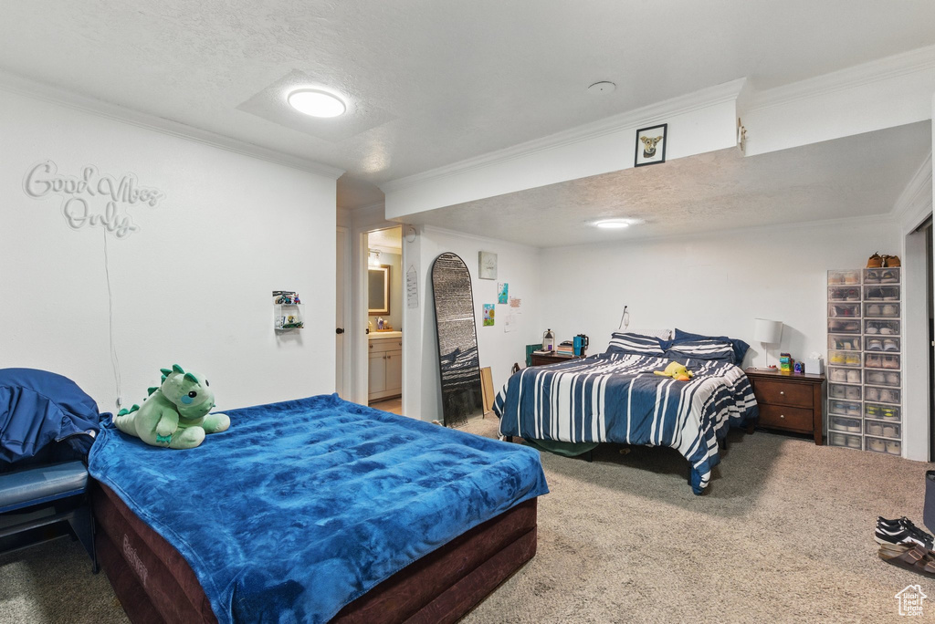 Carpeted bedroom with crown molding and a textured ceiling