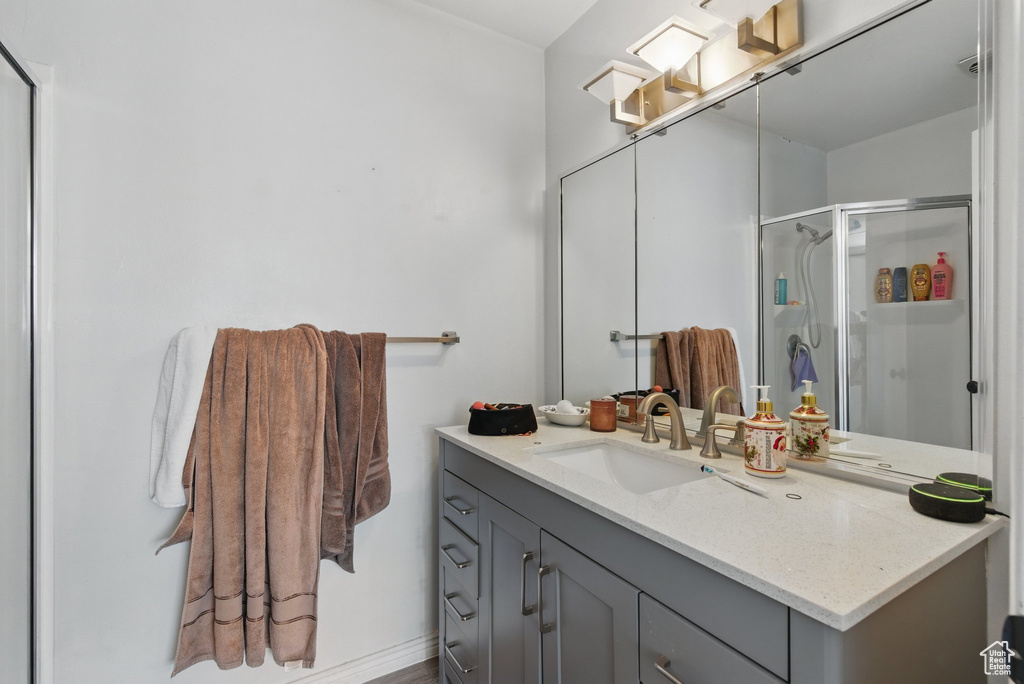 Full bath with vanity and a shower stall