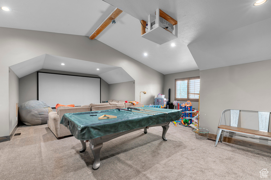 Game room featuring vaulted ceiling with beams, pool table, and recessed lighting