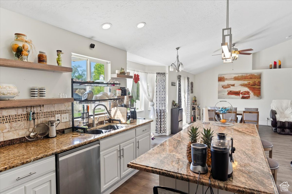 Kitchen with a sink, open shelves, dishwasher, and dark wood finished floors
