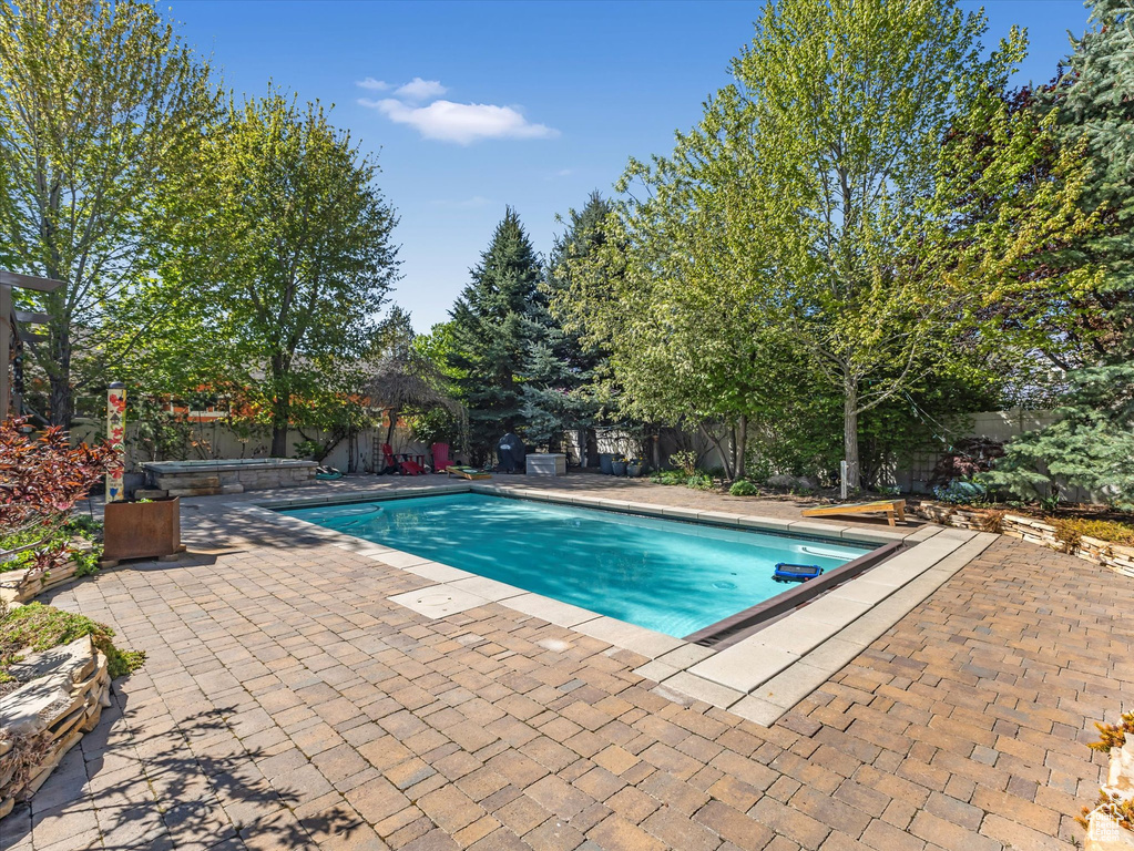 View of pool featuring a fenced in pool, a fenced backyard, and a patio area