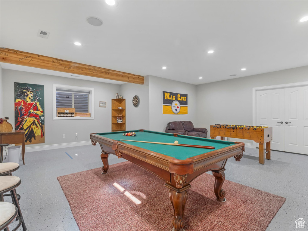 Game room with speckled floor, recessed lighting, pool table, baseboards, and visible vents
