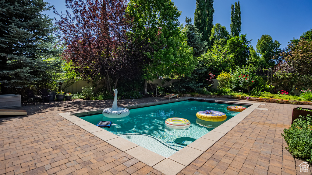 View of swimming pool featuring a patio area and a fenced backyard