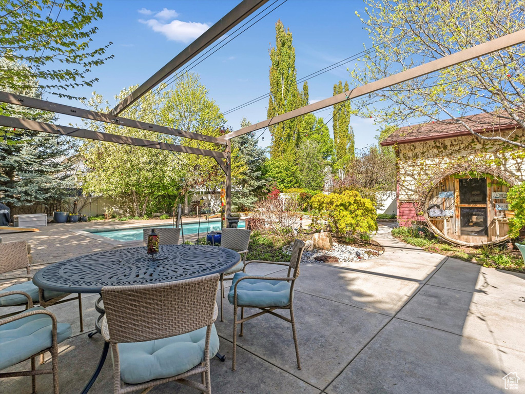 View of patio with an outdoor pool and outdoor dining space