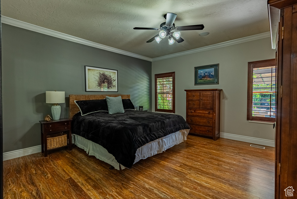 Bedroom featuring dark wood-type flooring, ornamental molding, a ceiling fan, and a textured ceiling