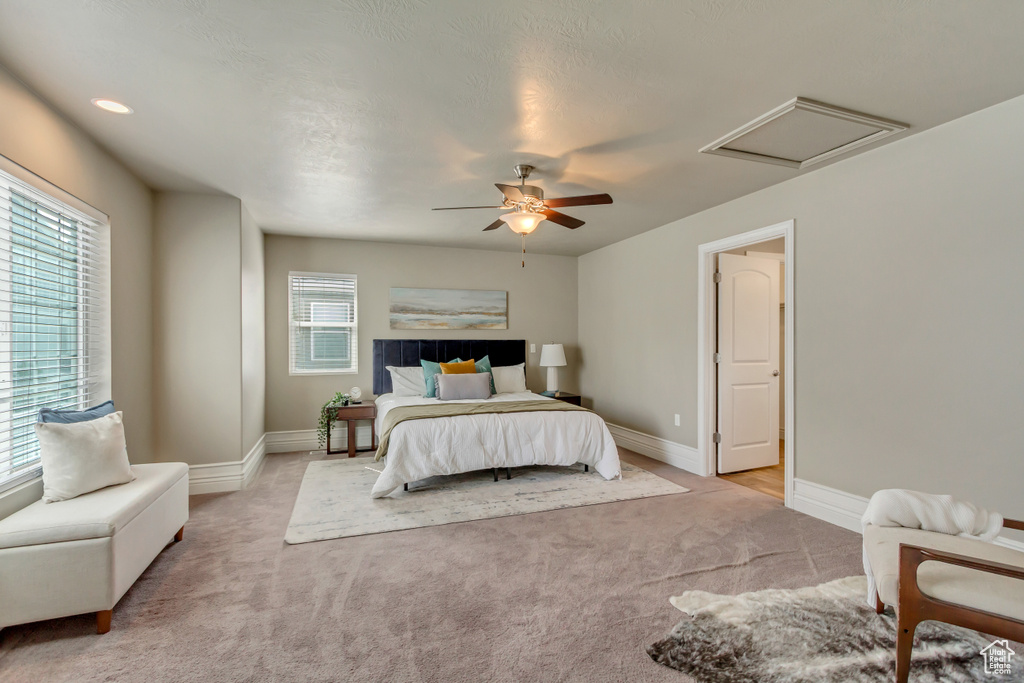 Bedroom featuring light colored carpet, attic access, baseboards, and multiple windows