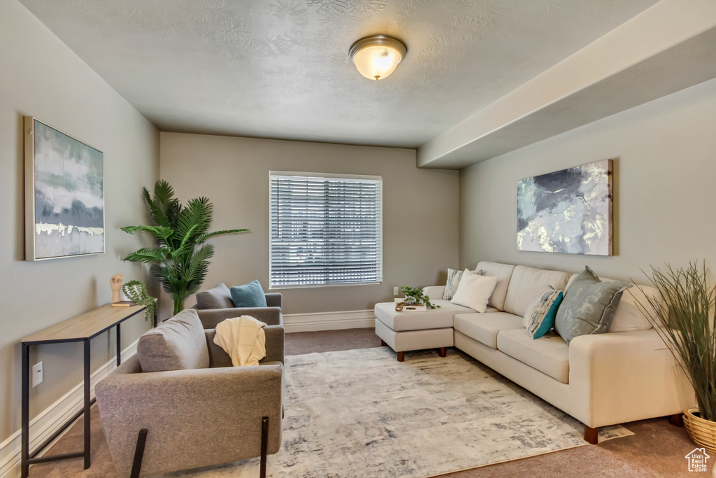 Living area with a textured ceiling and baseboards