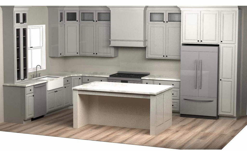Kitchen with dishwasher, built in refrigerator, light wood-style flooring, range, and gray cabinetry