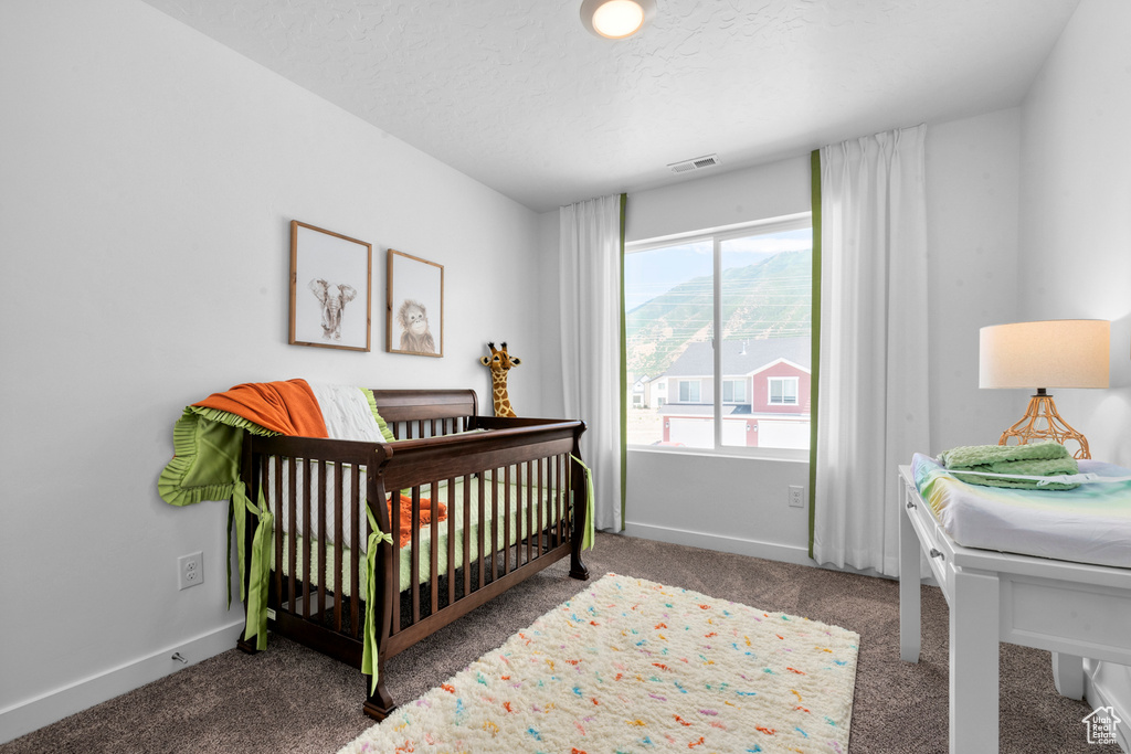 Carpeted bedroom with visible vents, a textured ceiling, and baseboards
