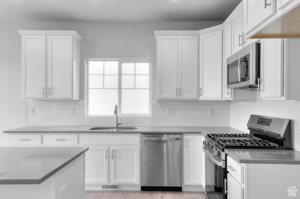 Kitchen featuring stainless steel appliances, a sink, and white cabinets