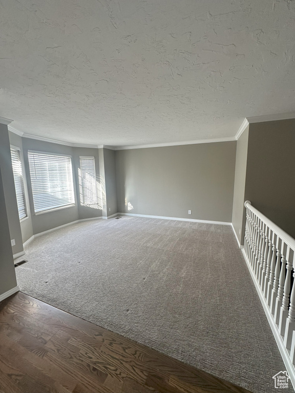 Unfurnished room with a textured ceiling, baseboards, ornamental molding, and carpet