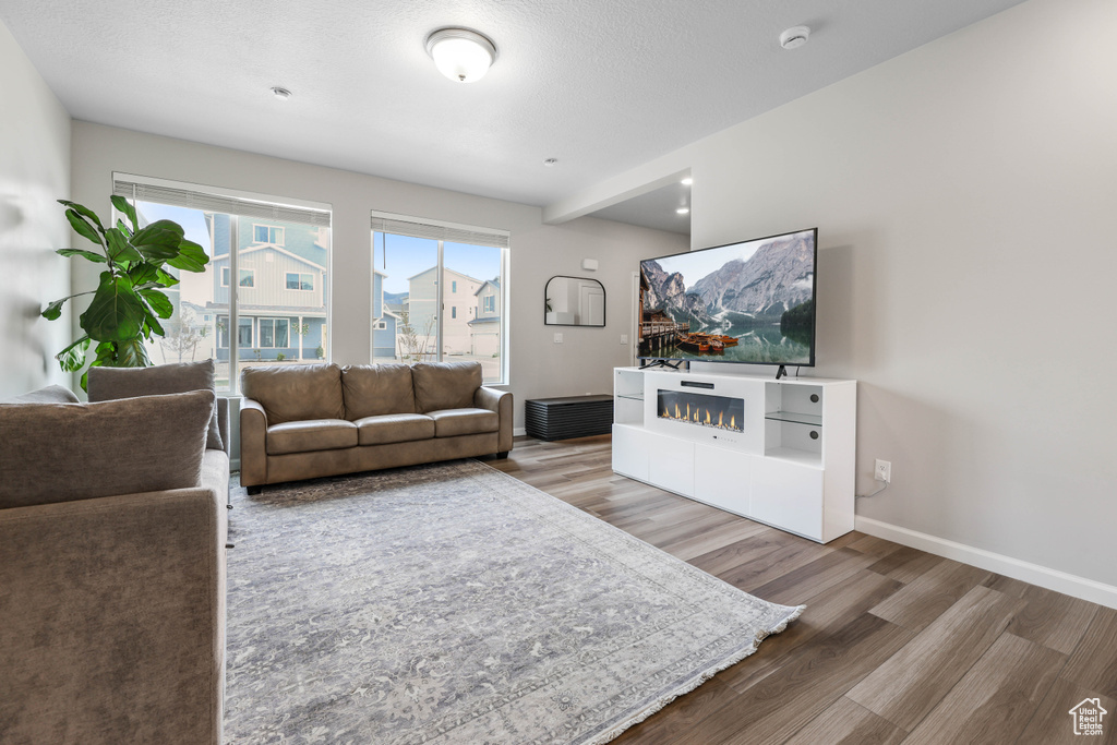 Living area featuring baseboards, a glass covered fireplace, and wood finished floors