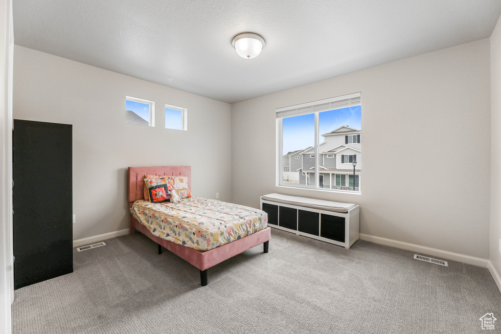 Bedroom with baseboards, multiple windows, and visible vents