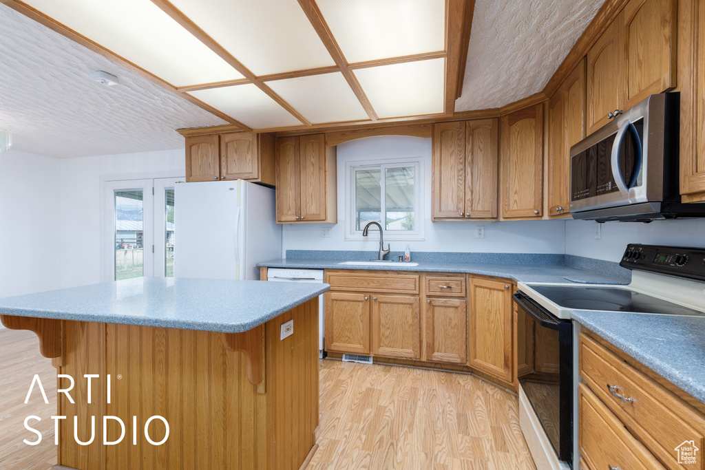 Kitchen featuring a sink, light wood-style floors, black electric range oven, freestanding refrigerator, and stainless steel microwave
