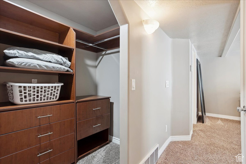 Walk in closet featuring visible vents and light carpet