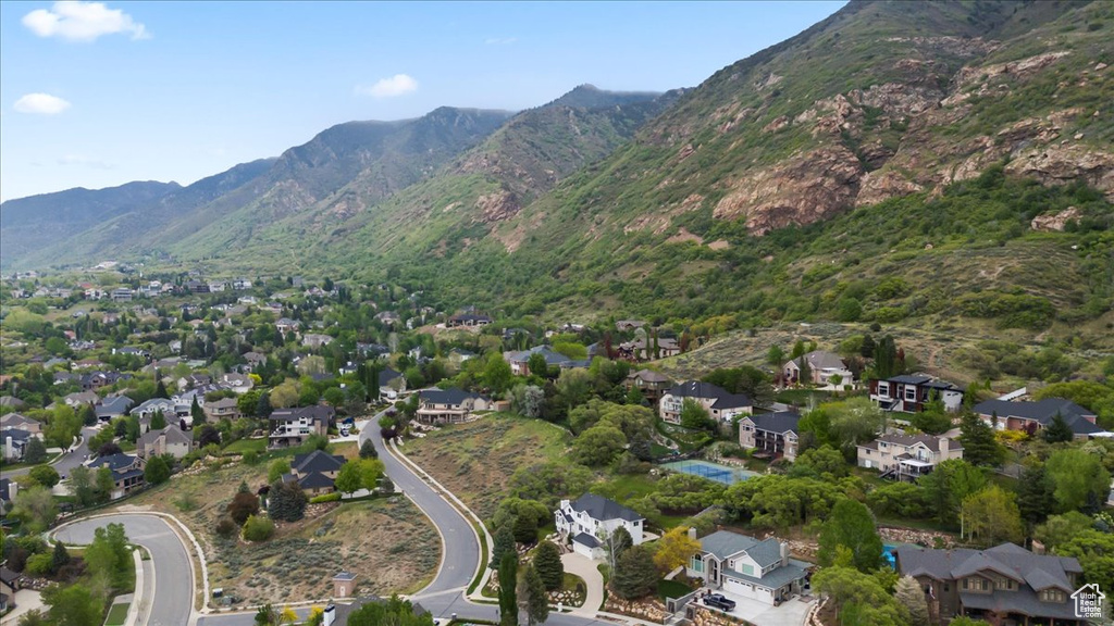 Drone / aerial view with a mountain view and a residential view