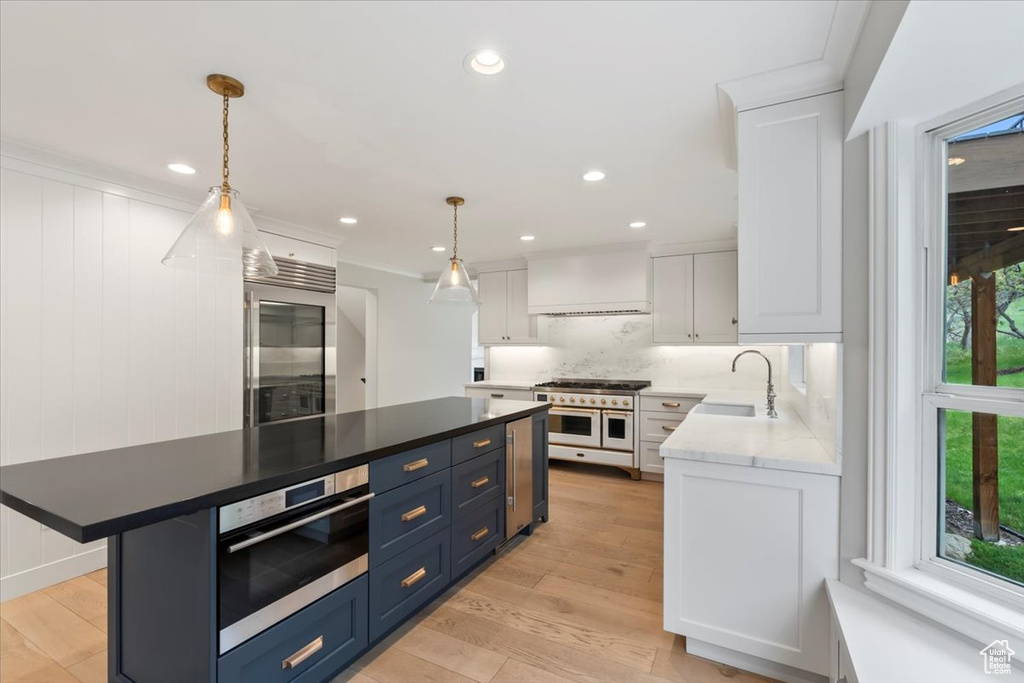 Kitchen with high end appliances, white cabinetry, blue cabinetry, and a sink