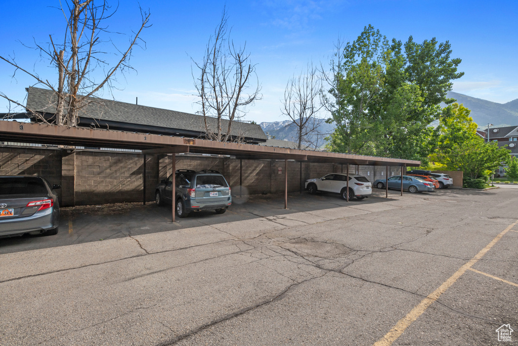 Covered parking lot with a mountain view