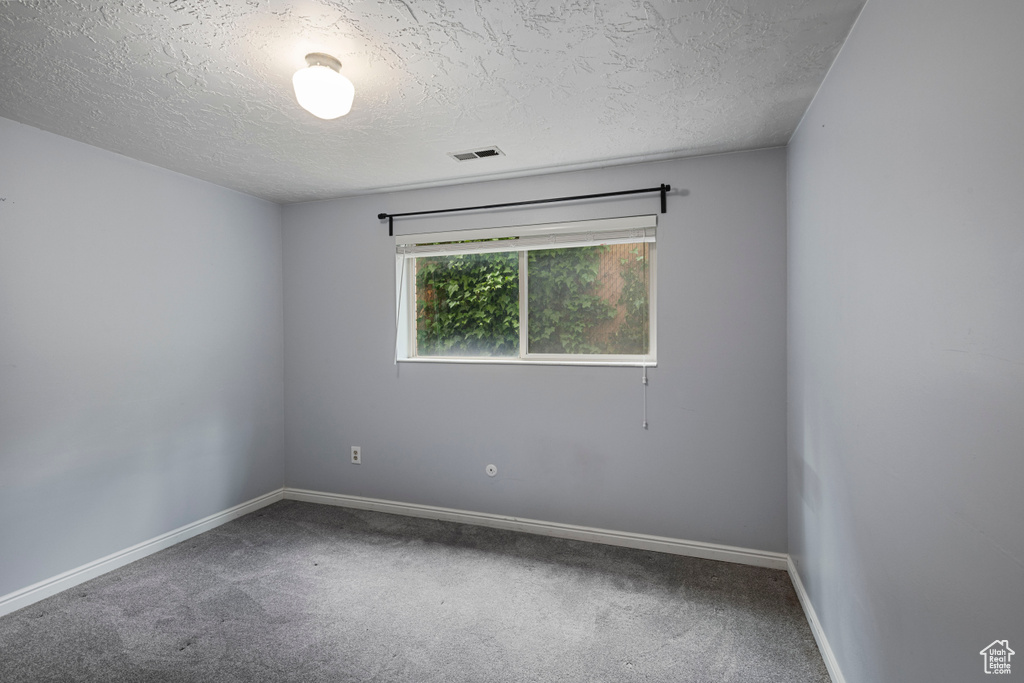 Carpeted empty room featuring a textured ceiling, visible vents, and baseboards