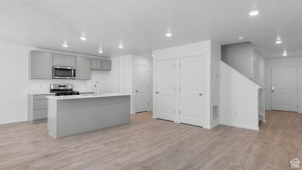 Kitchen with baseboards, gray cabinets, stainless steel appliances, and an island with sink