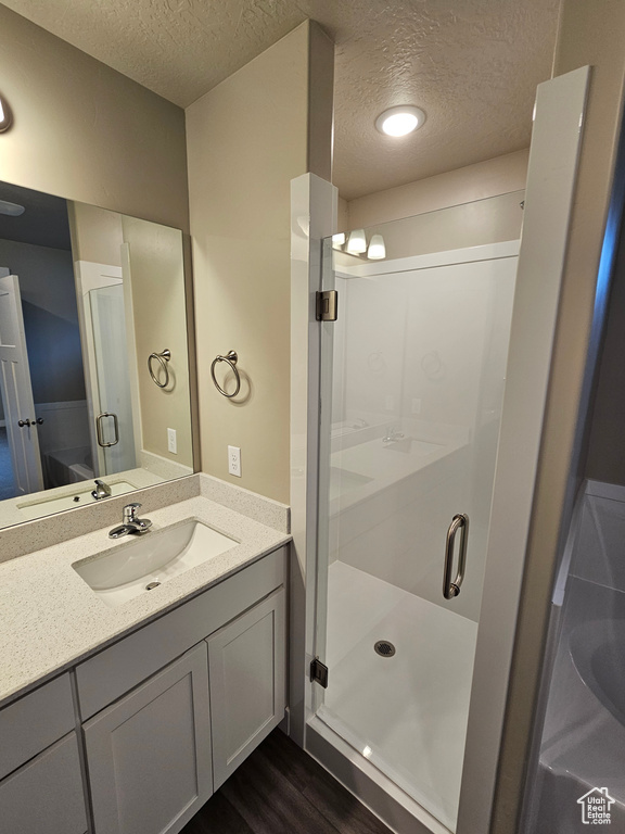 Bathroom featuring vanity, a textured ceiling, wood finished floors, and a stall shower