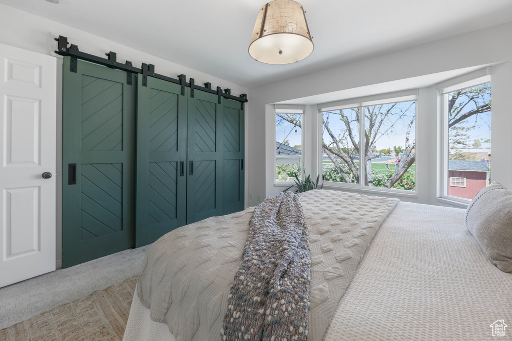 Carpeted bedroom featuring a barn door