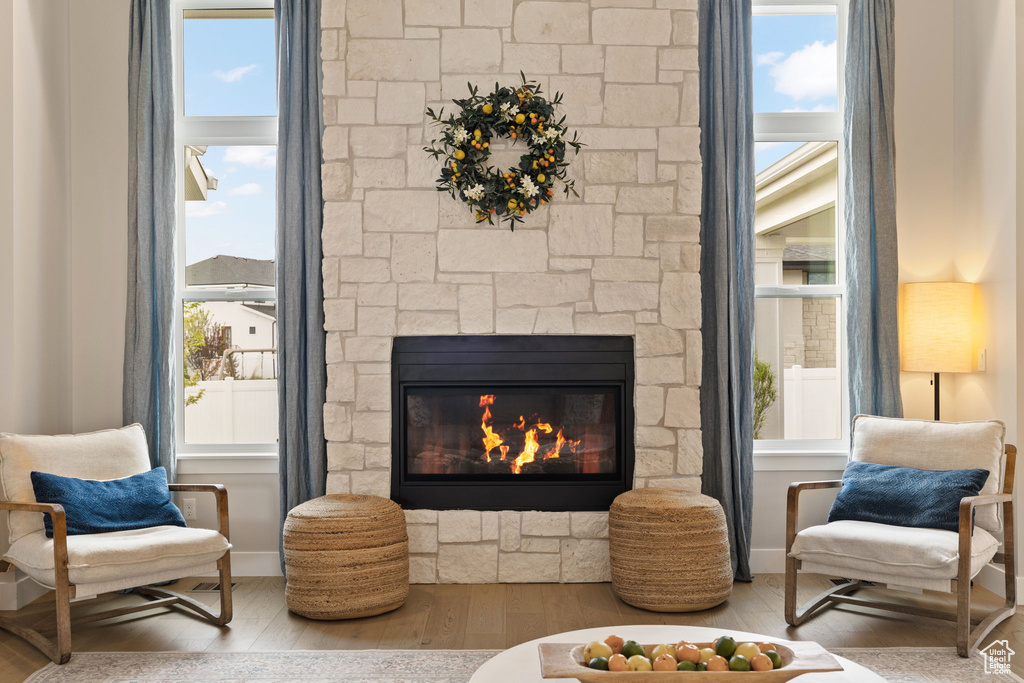Living area featuring wood finished floors and a fireplace