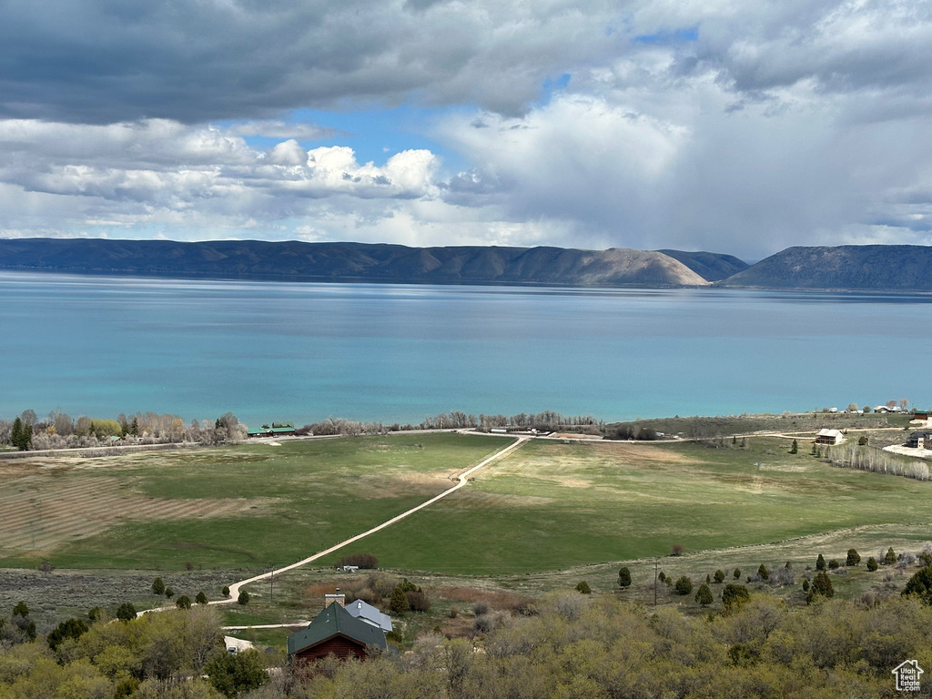 Aerial view with a water and mountain view