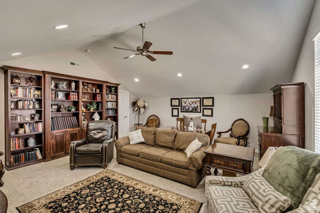 Living area featuring visible vents, light colored carpet, recessed lighting, a ceiling fan, and vaulted ceiling