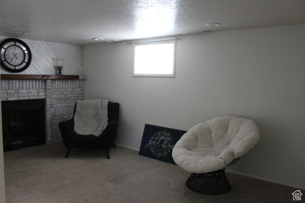 Sitting room featuring a fireplace, carpet, and a textured ceiling