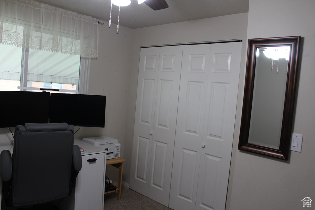 Office space with carpet and a ceiling fan